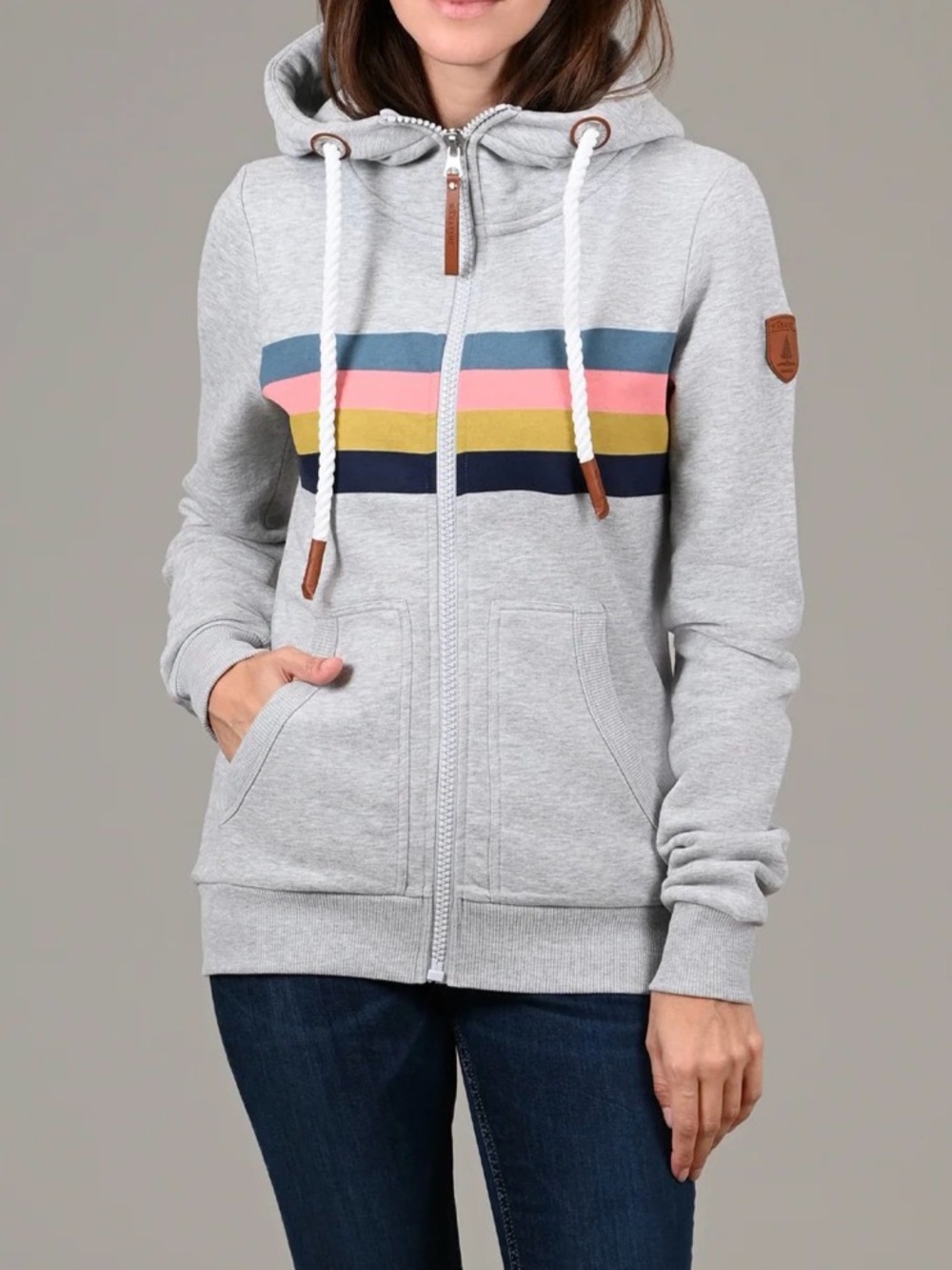 Wanakome Seastar Light Gray Zip Hoodie with Navy, Pink, Yellow & Blue Stripes